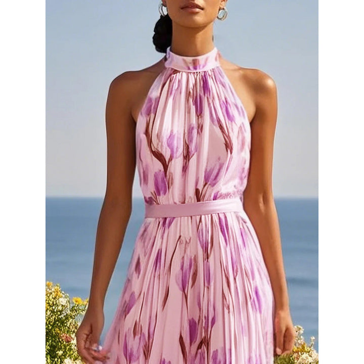 Halter Neck Tulip Print High Waist A-Line Midi Dress | Cream &amp;amp; Pink Floral Romantic Midi