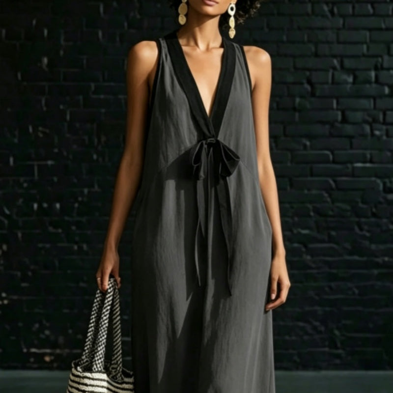 Contrast Trim V-Neck Tie-Front Maxi Dress