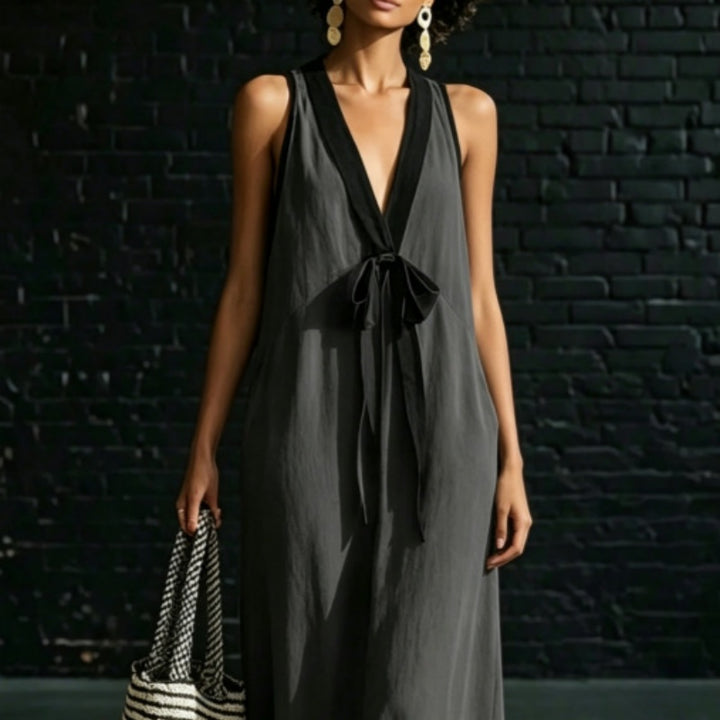 Contrast Trim V-Neck Tie-Front Maxi Dress