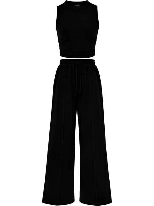 Two-Piece Outfit, Ruched Sleeveless Crop Top &amp; High-Waisted Wide Leg Pants Set