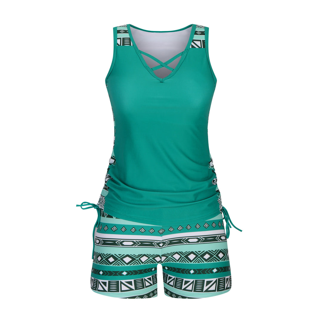 Women Fashion Two-Piece Tankini Set, Criss Cross &amp; Drawstring Design