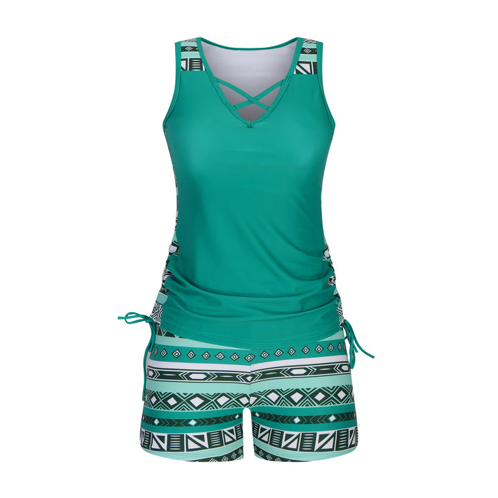 Women Fashion Two-Piece Tankini Set, Criss Cross &amp; Drawstring Design