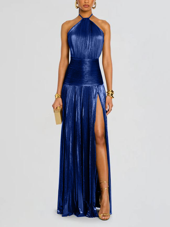Metallic Olive Green Halter Neck Pleated Gown with High Slit
