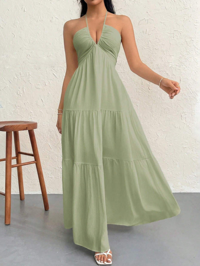 Halter Deep V Open Back Tiered Maxi Dress