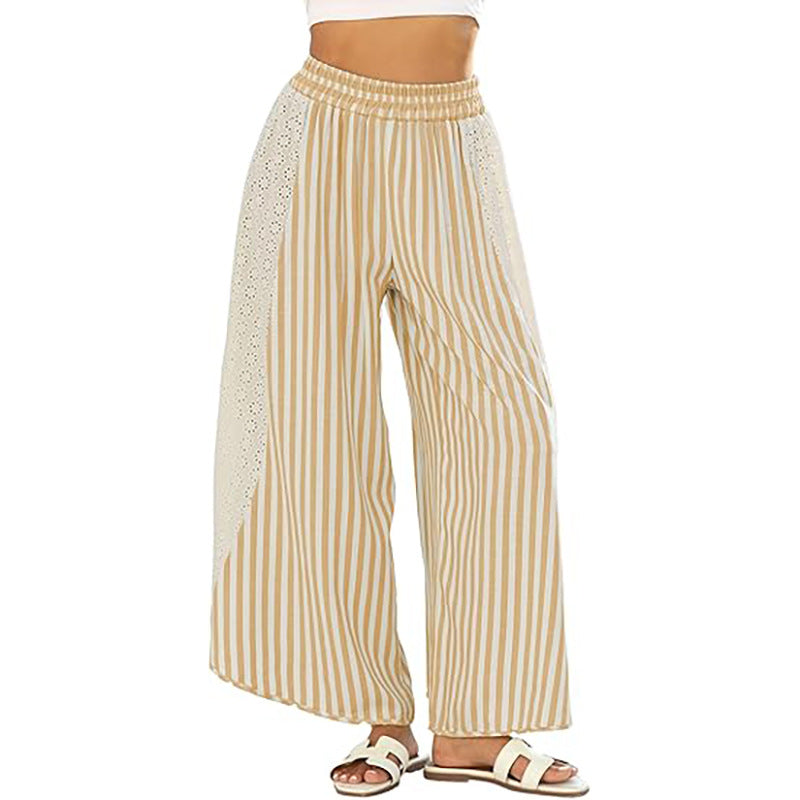 Striped Wide Leg Pants with Crochet Lace Side Panels