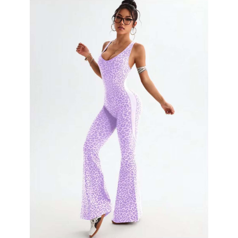 Leopard Print Seamless Flare Jumpsuit