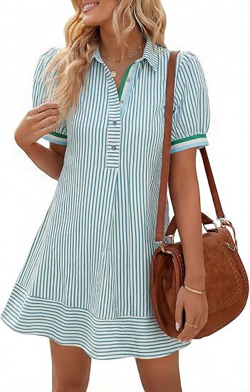 Blue and White Striped Puff Sleeve Shirt Dress