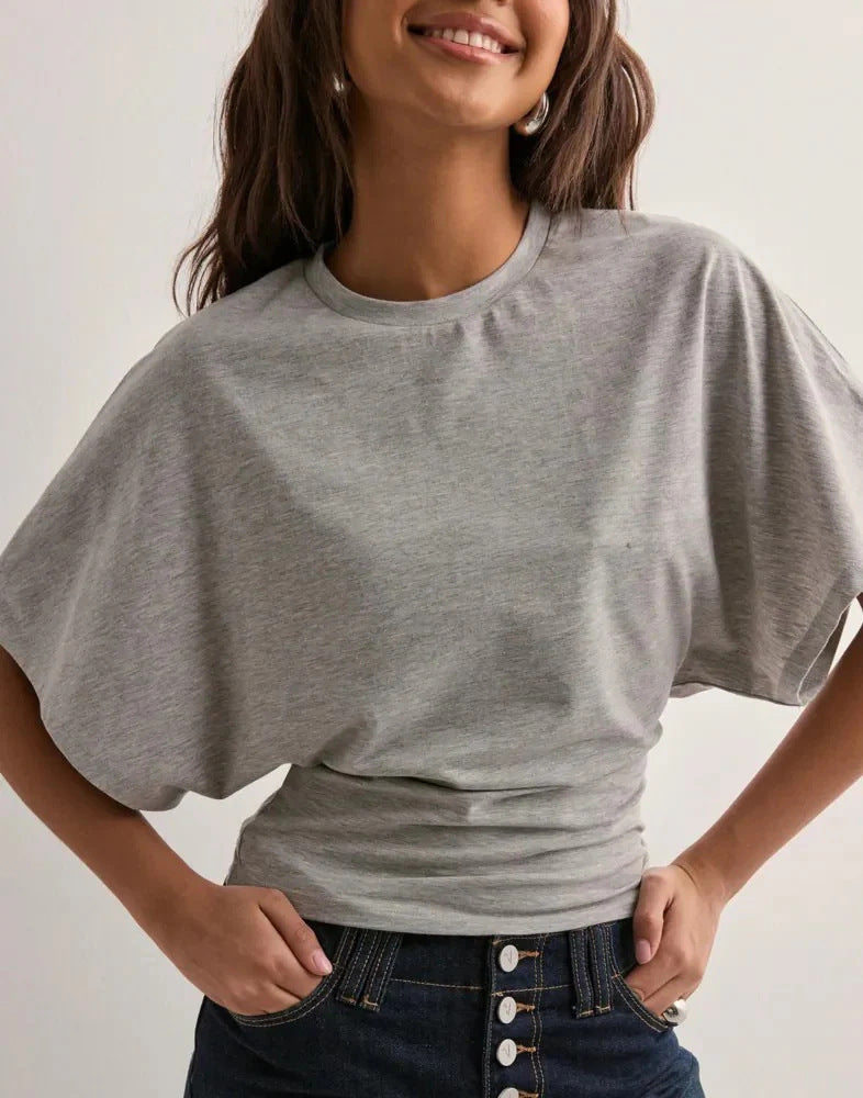 Asymmetric Batwing Sleeve Cropped Tee, Ruched Waist Fitted T-Shirt