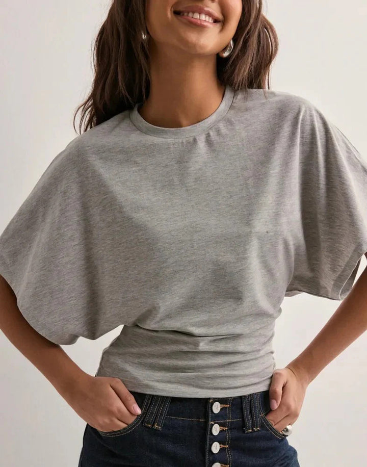 Asymmetric Batwing Sleeve Cropped Tee, Ruched Waist Fitted T-Shirt