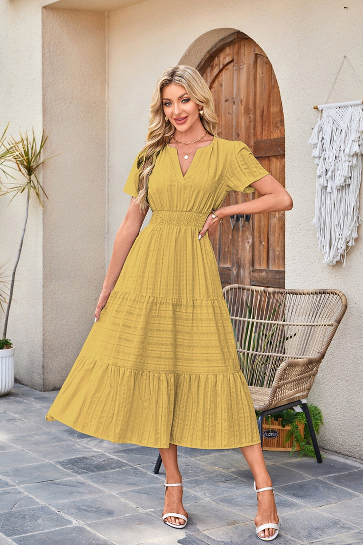 Navy Blue Tiered Smocked Waist Midi Dress