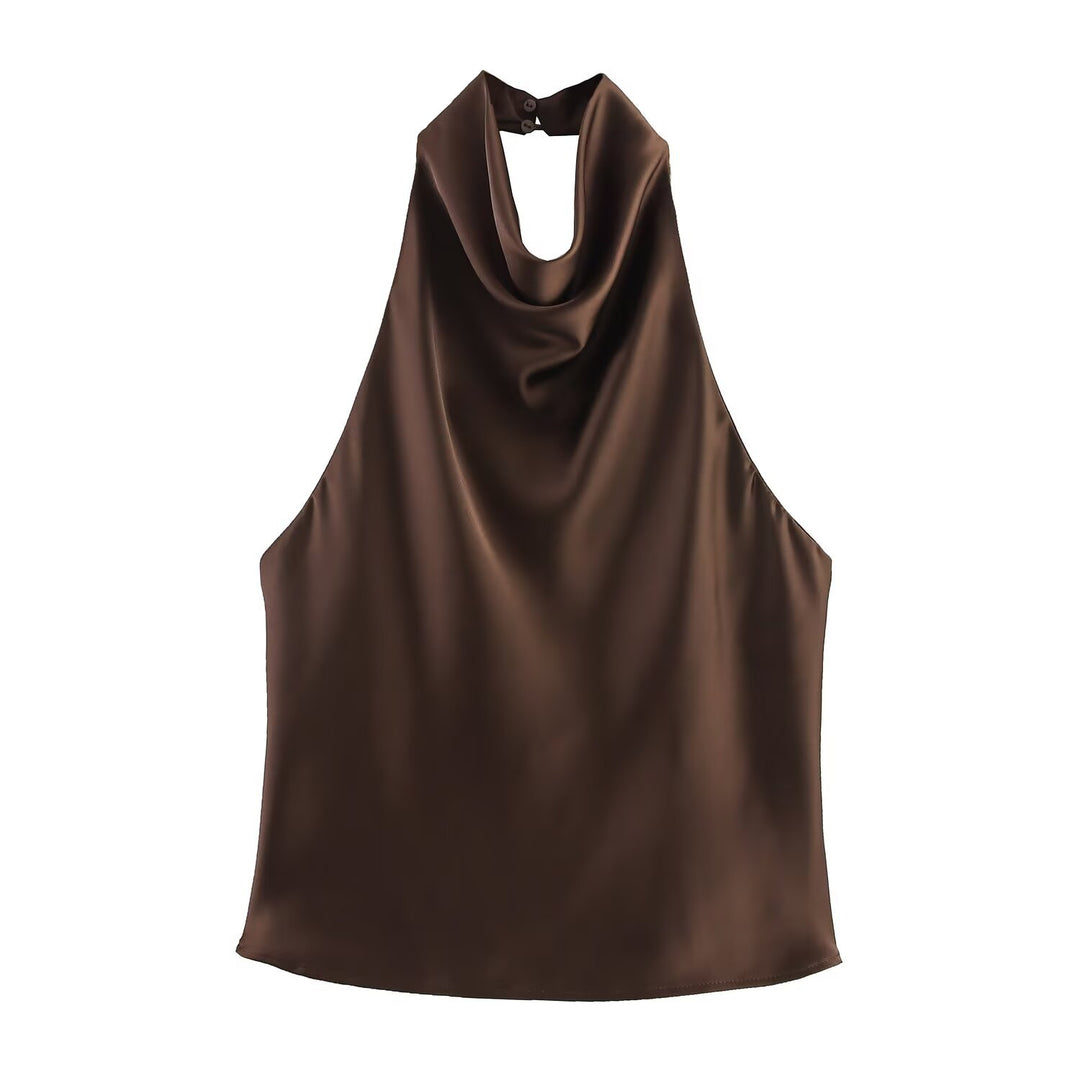 Chocolate Brown Cowl Neck Satin Halter Top, Elegant Sleeveless Blouse for Women
