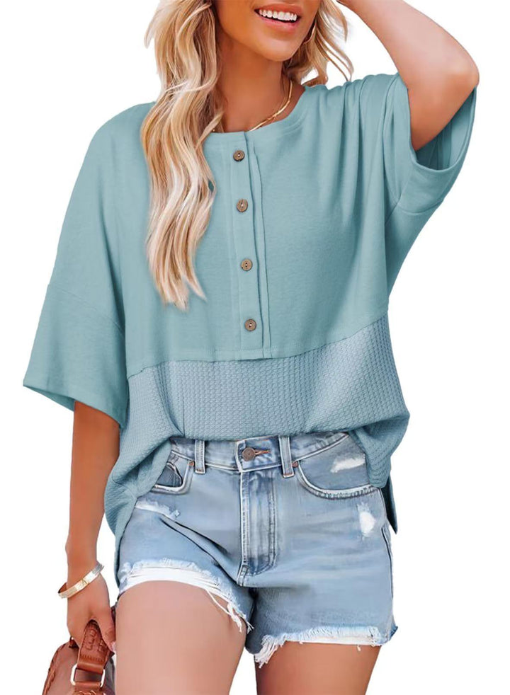 Olive Waffle Knit Henley Short Sleeve Top