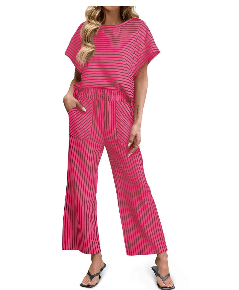 Womens Striped 2 Piece Sets Short Sleeve T Shirts Wide Leg Pants Matching Lounge Set with Pockets
