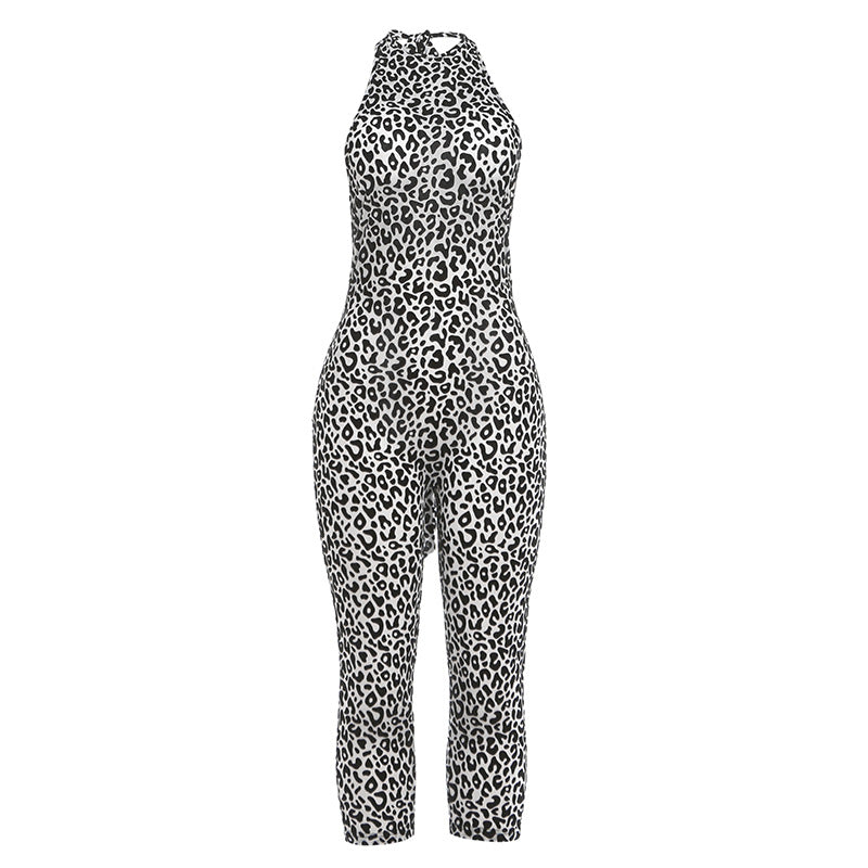 Leopard Print Halter Neck Bodycon Jumpsuit, Sleeveless Form-Fitting Catsuit for Women