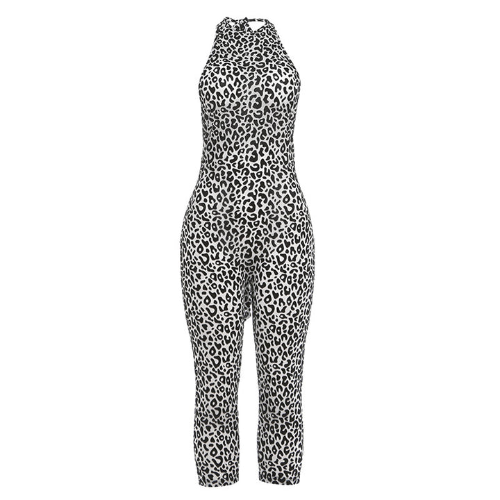 Leopard Print Halter Neck Bodycon Jumpsuit, Sleeveless Form-Fitting Catsuit for Women