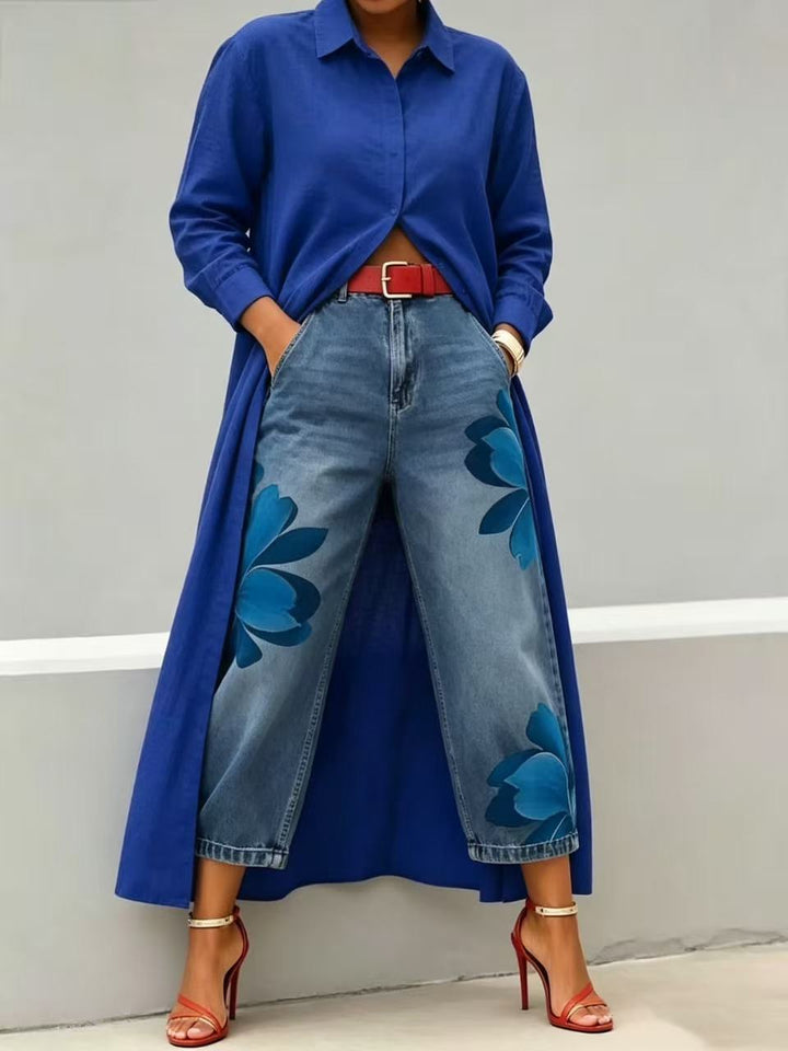 Medium Wash Cropped Wide Leg Jeans with Large Blue Floral Print