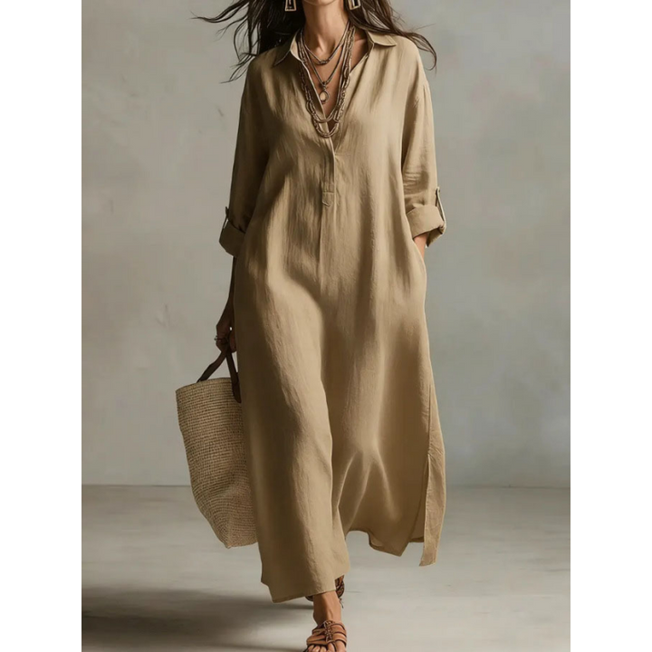 Linen Blend Half-Button Midi Shirt Dress