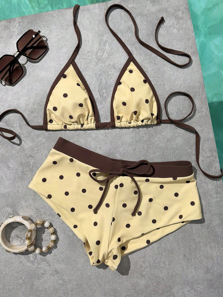 Polka Dot Halter Triangle Bikini Set | Retro Buttermilk Yellow &amp;amp; Brown High Waist Two-Piece Swimsuit