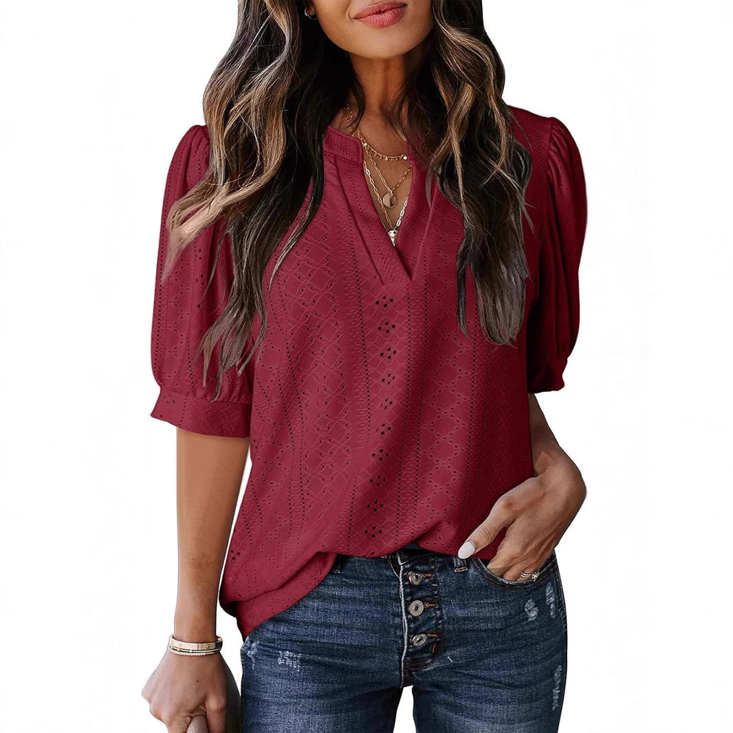 Eyelet Puff Sleeve Split Neck Blouse