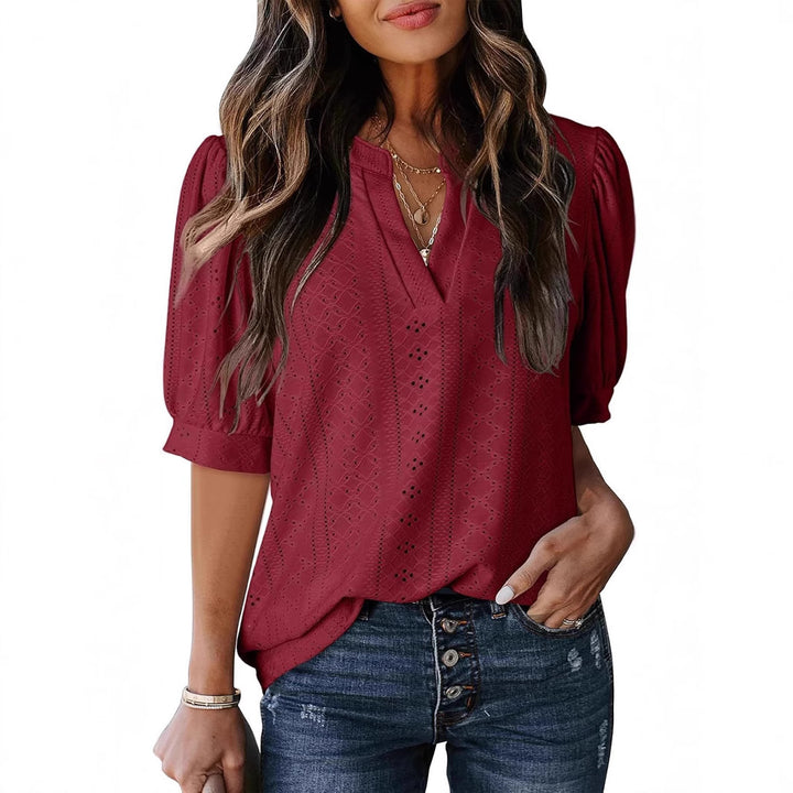 Eyelet Puff Sleeve Split Neck Blouse