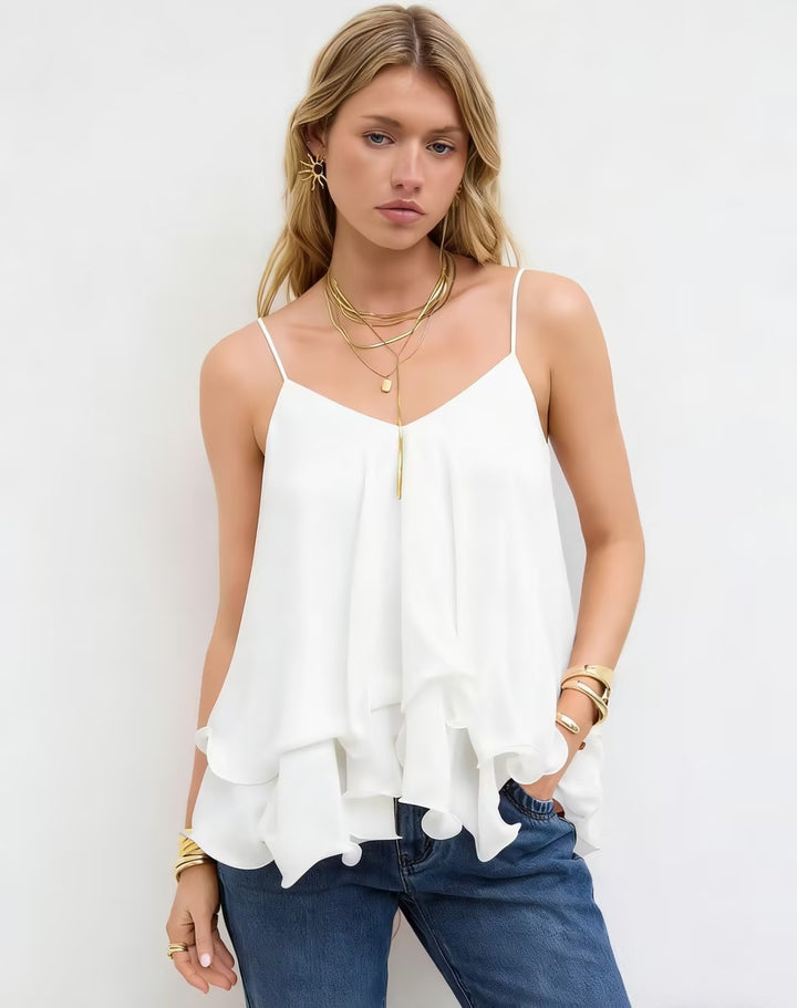 Mother’s Day Blush Pink Ruffle Cami Top | V-Neck Chiffon Tie-Back Babydoll Tank