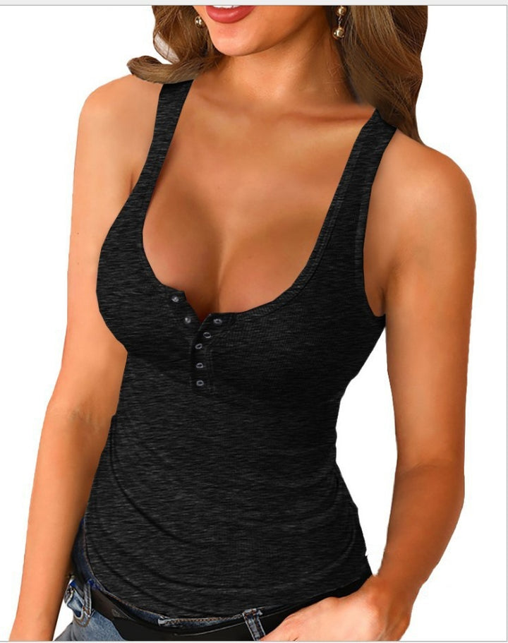 White Ribbed Henley Tank Top