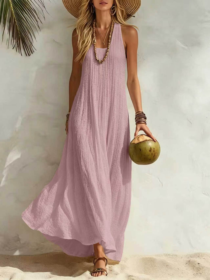 White Sleeveless Crinkled Linen-Blend Maxi Dress