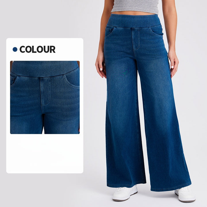 High-Waisted Stretch Pull-On Wide Leg Jeans | Ultra Comfort Soft Denim Pants