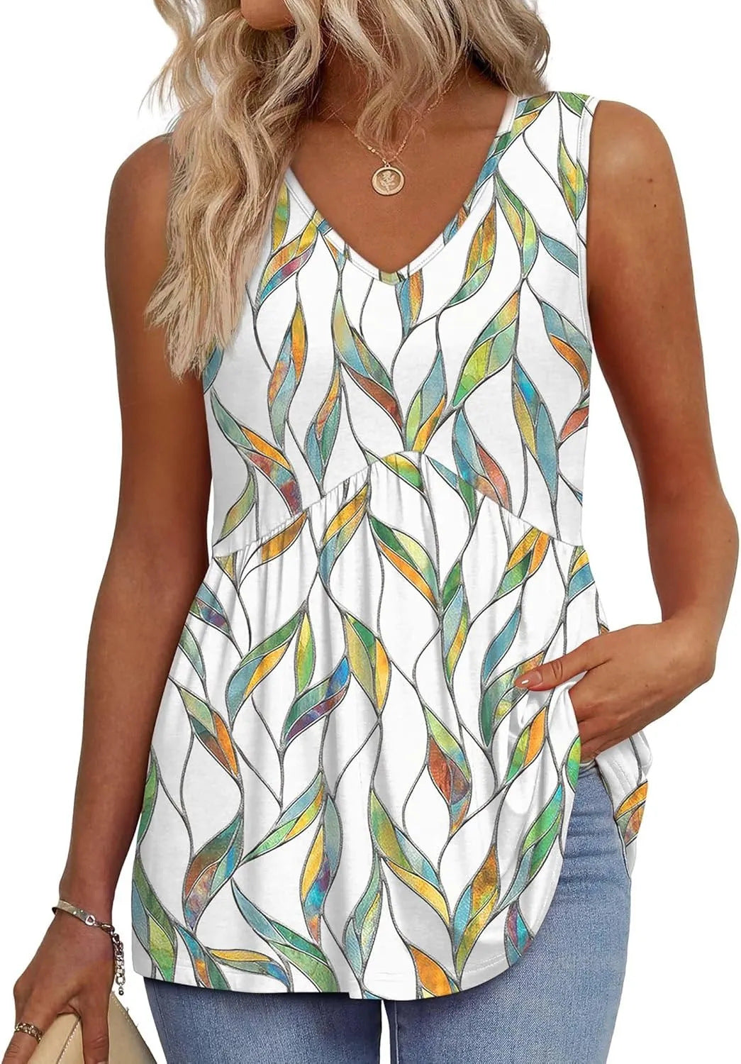 Eyelet Embroidery V Neck Sleeveless Peplum Tank Top With Side Pockets
