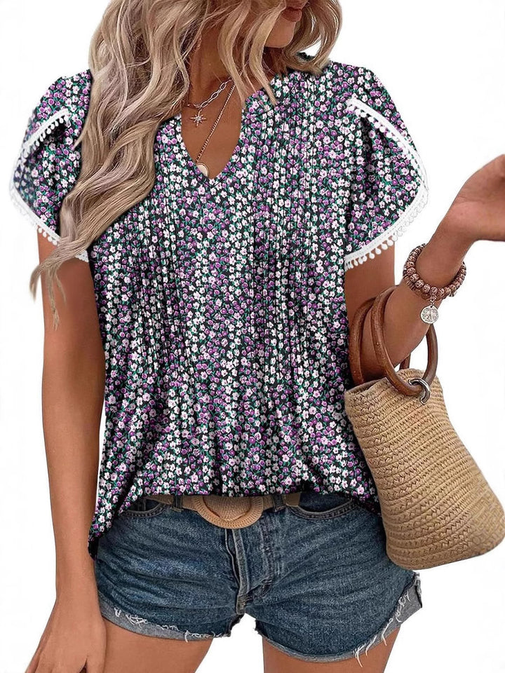 Paisley Print Lace Trim Short Sleeve Blouse