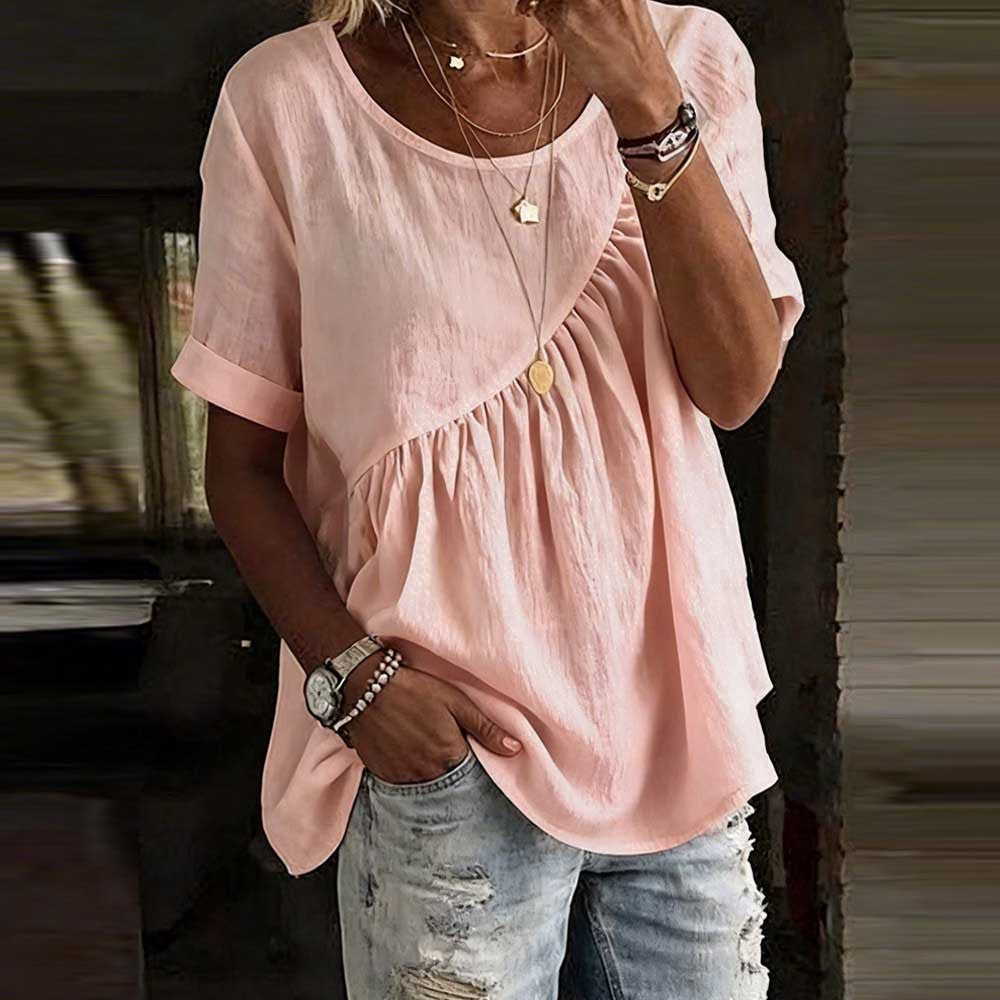 White Linen-Blend Gathered Peplum Top