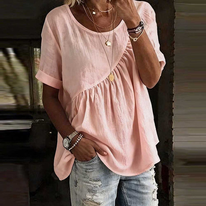 White Linen-Blend Gathered Peplum Top