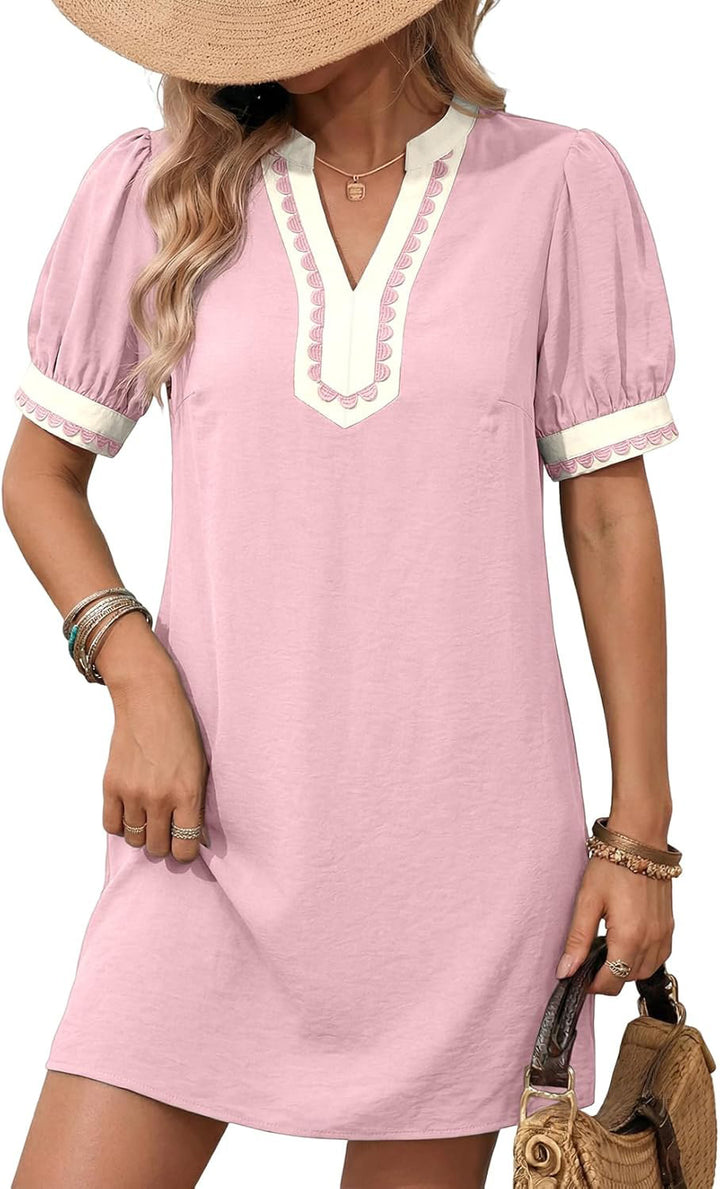 Light Pink Scalloped Embroidered Puff Sleeve Mini Shift Dress
