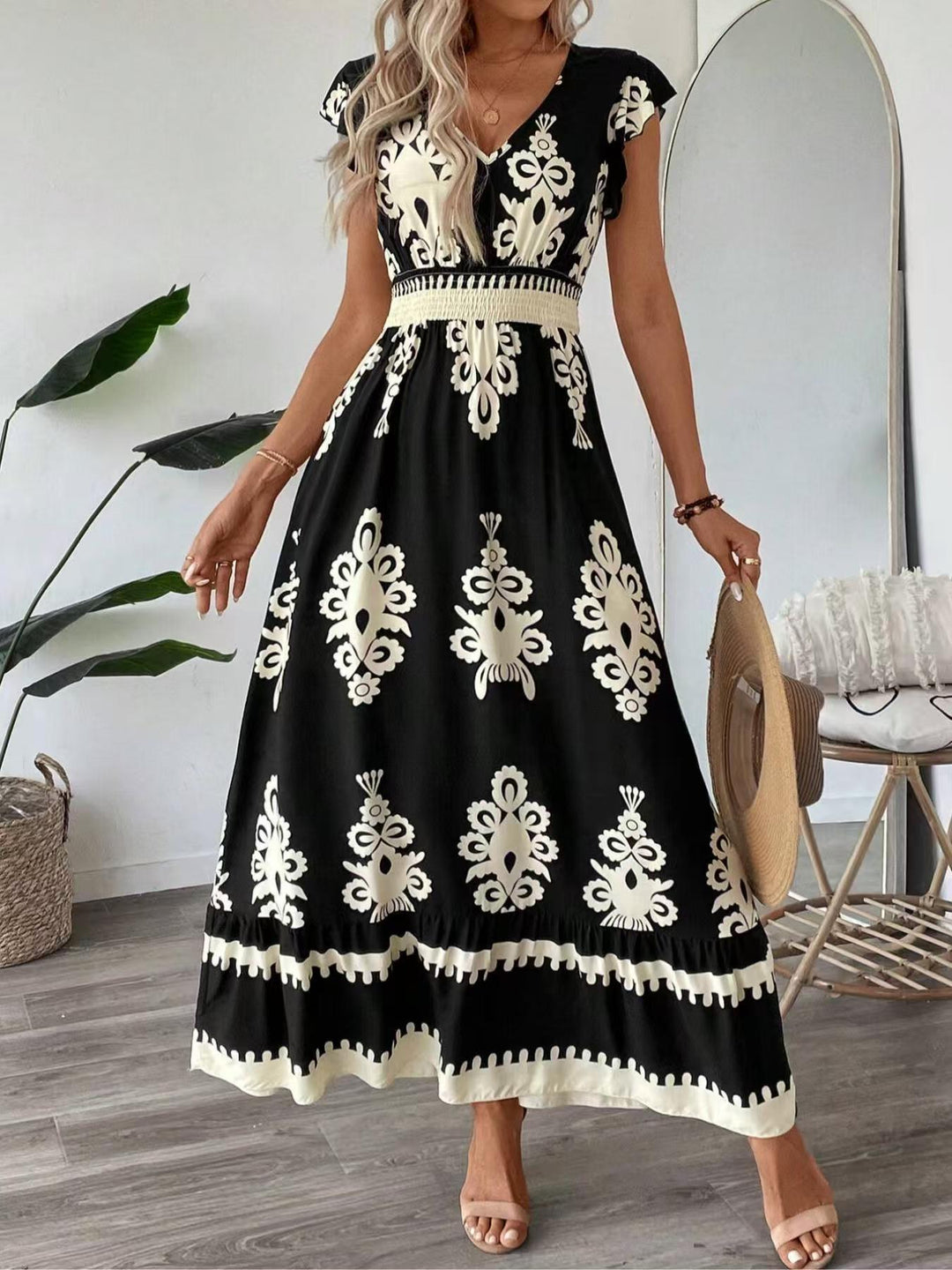 Navy Blue Printed Smocked Waist Maxi Dress