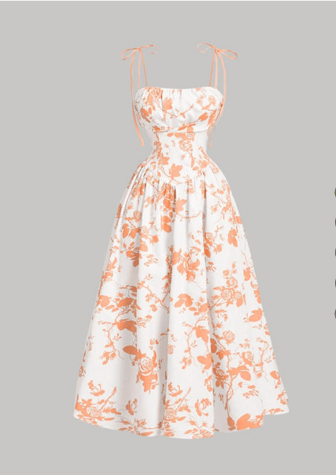 Black Floral Tie-Strap Midi A-Line Dress