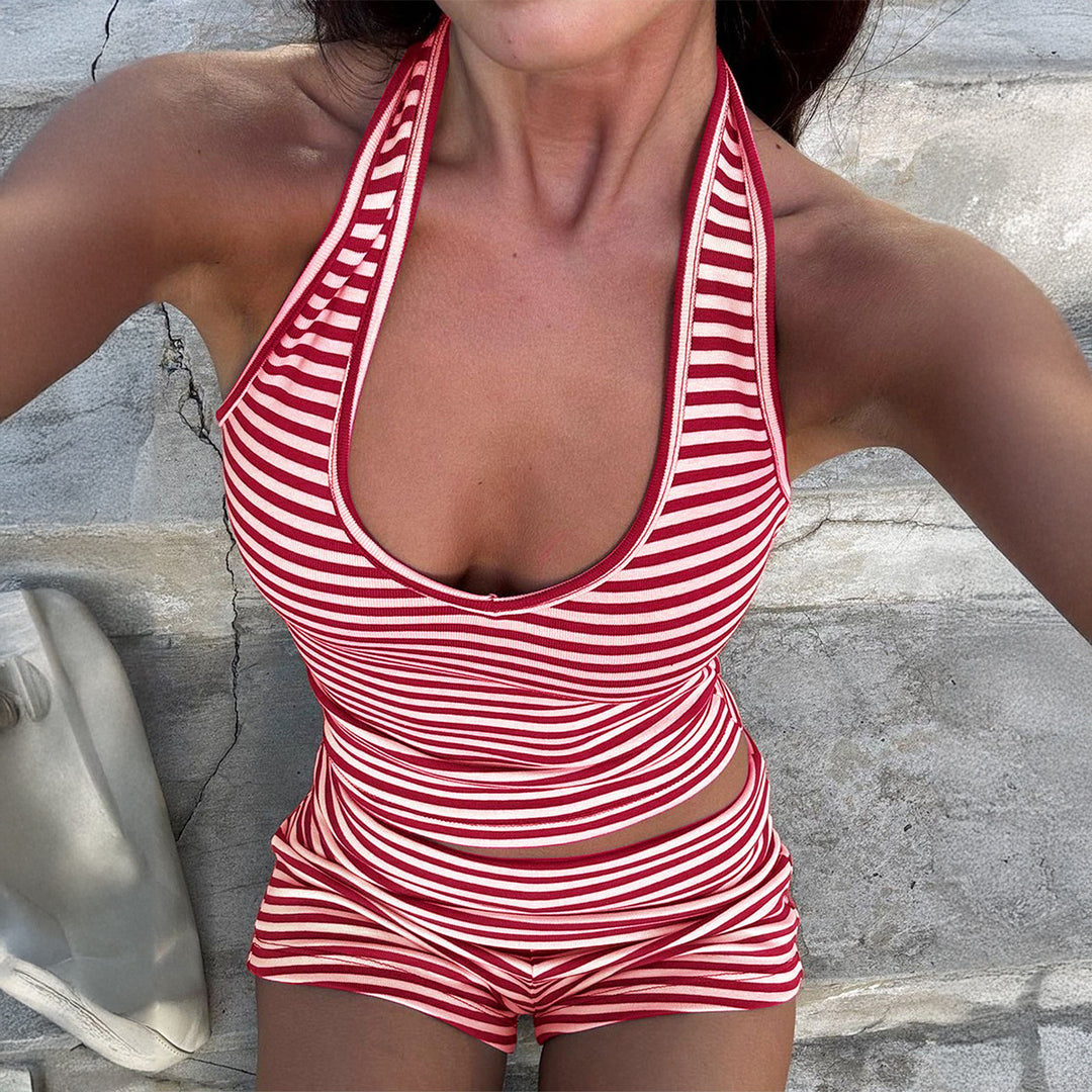 Summer 2 Piece Stripe Shorts Set Sleeveless Backless Cami Top Mini Shorts Sets