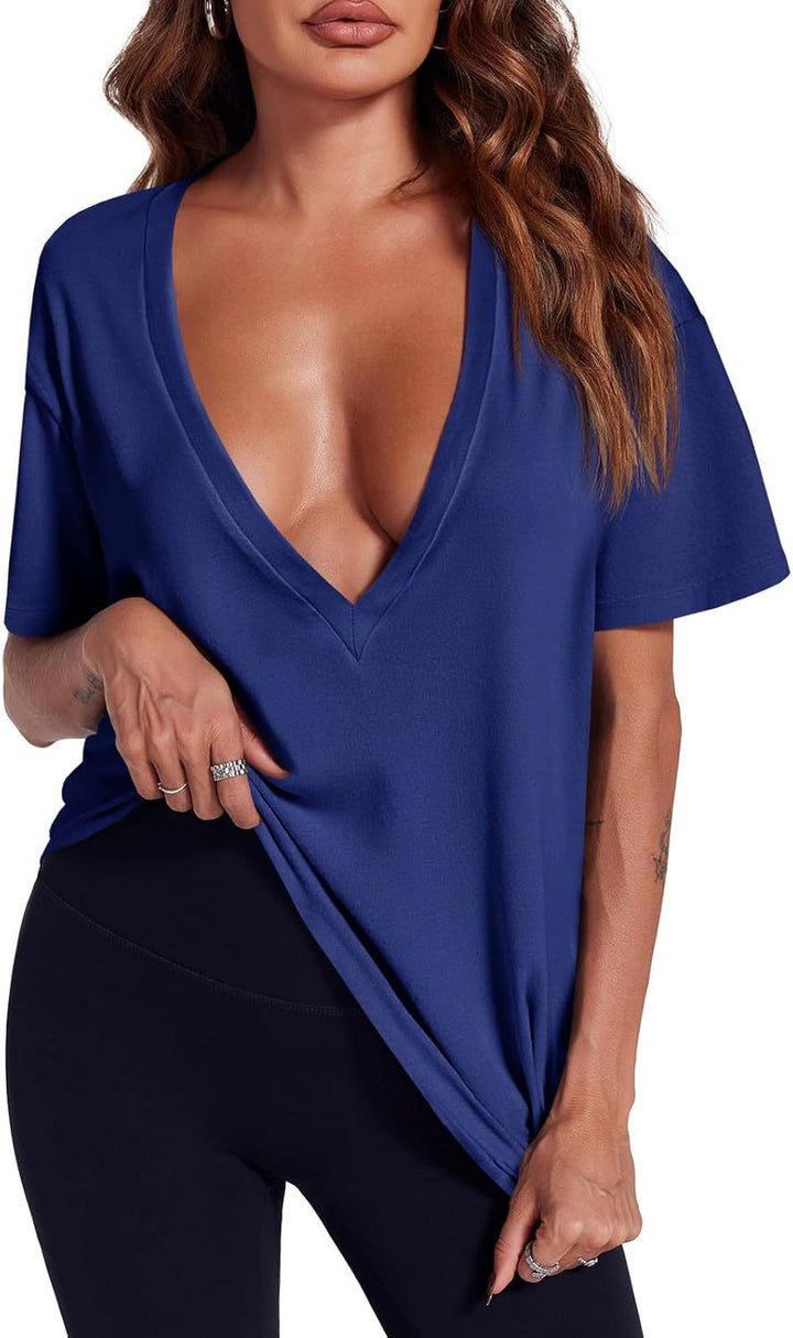 Dusty Pink Deep V-Neck Oversized Casual Tee