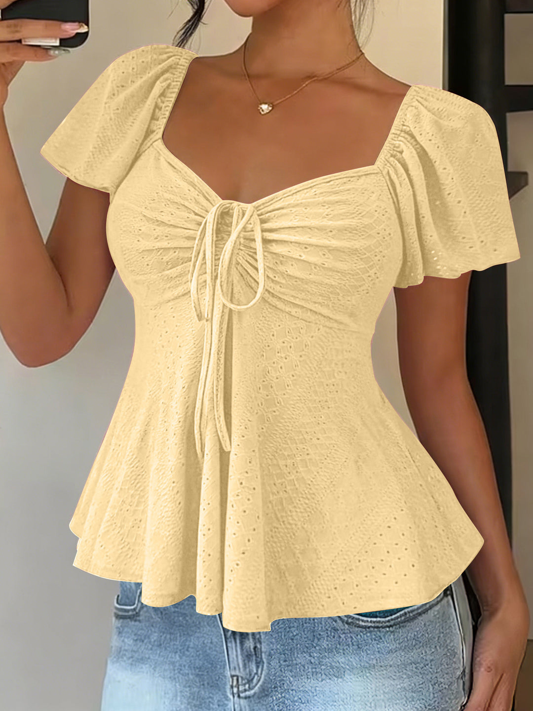 White Eyelet Square Neck Peplum Blouse with Tie Detail