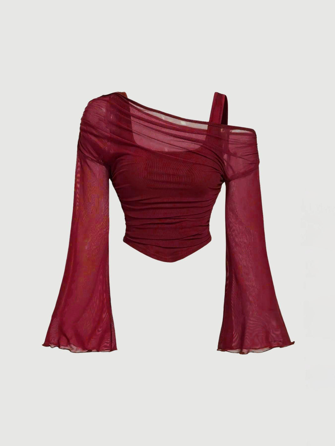 Off-Shoulder Mesh Flare Sleeve Cropped Top