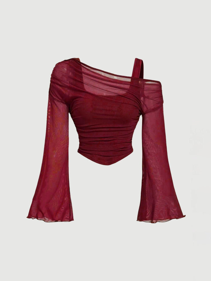 Off-Shoulder Mesh Flare Sleeve Cropped Top