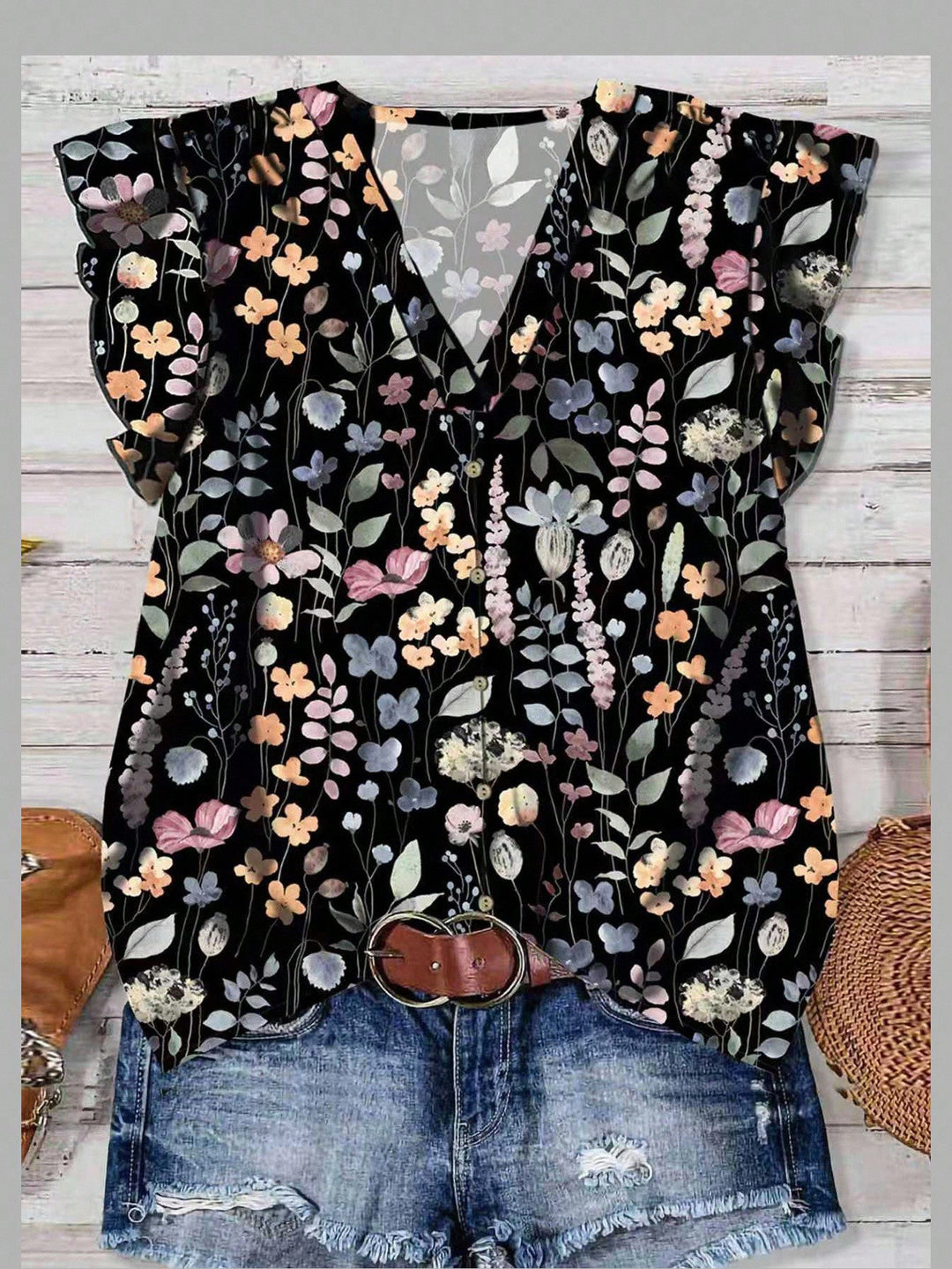 Watercolor Floral Print V-Neck Ruffle Sleeve Blouse