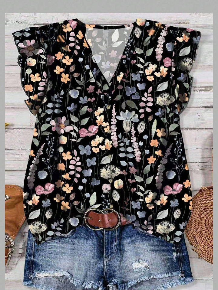 Watercolor Floral Print V-Neck Ruffle Sleeve Blouse