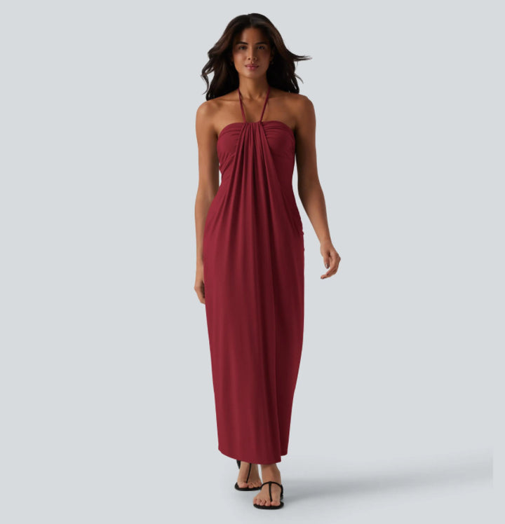 Draped Halter Neck Soft Jersey Midi Slip Dress in Pale Sky Blue