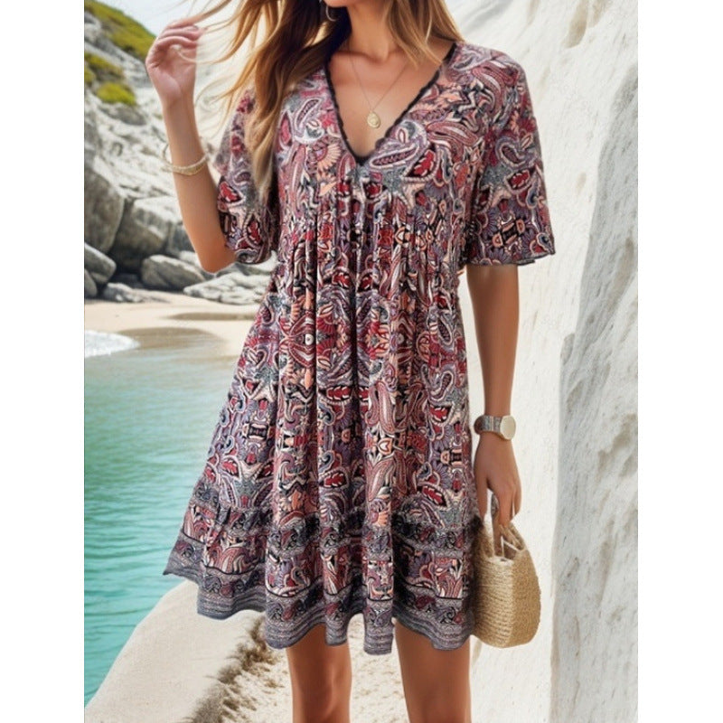 Boho Paisley Print V-Neck Ruffle Hem Mini Dress