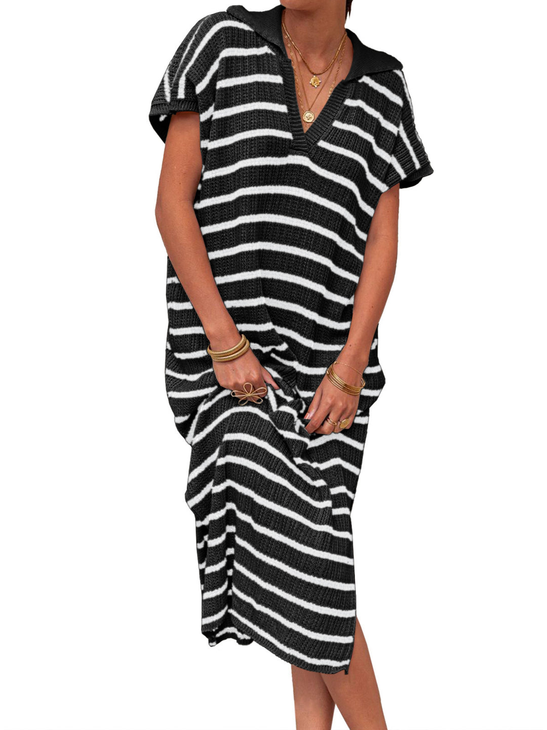 Black &amp;amp; White Striped Knit Polo Midi Dress