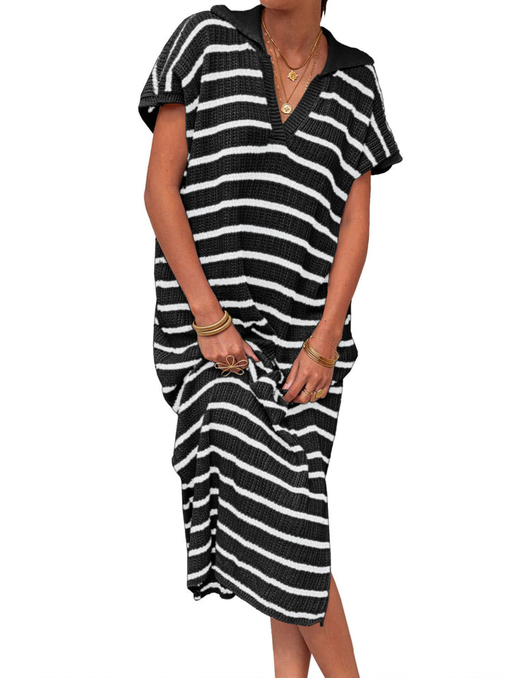 Black &amp;amp; White Striped Knit Polo Midi Dress