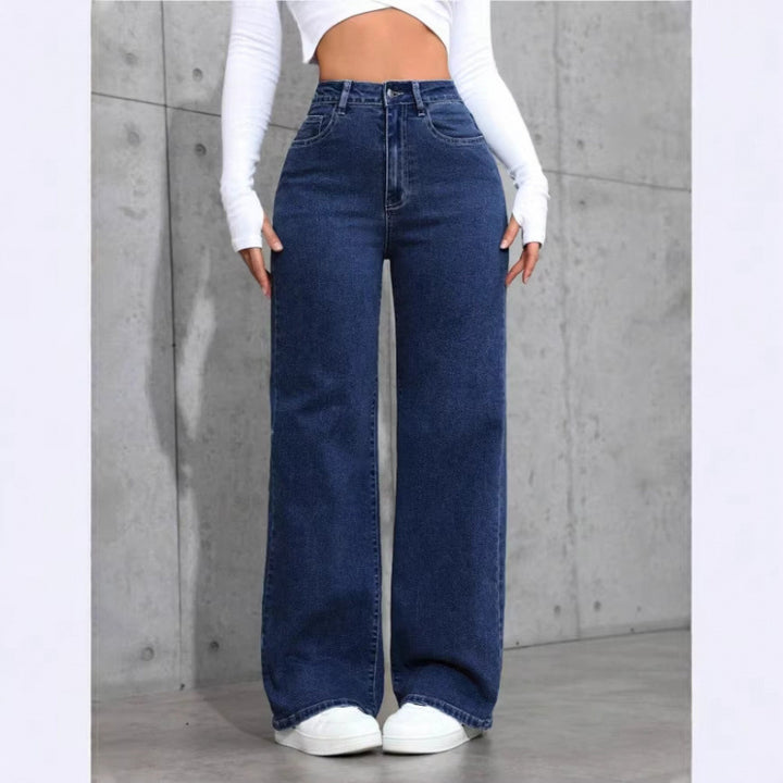High-Waisted Wide Leg Blue Jeans, Casual Full-Length Denim Pants