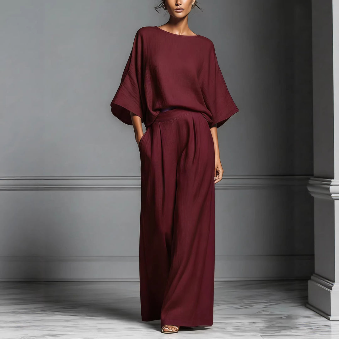 Linen Blend Oversized Top and Wide Leg Pants Two-Piece Set