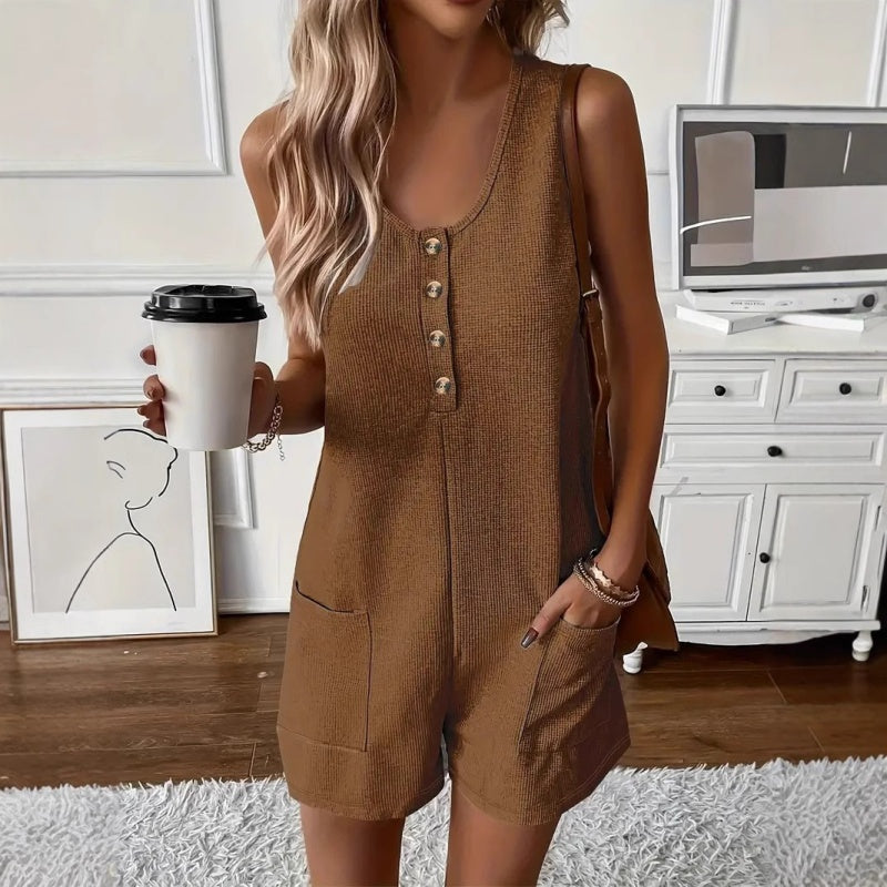 Sleeveless Waffle Knit Henley Romper