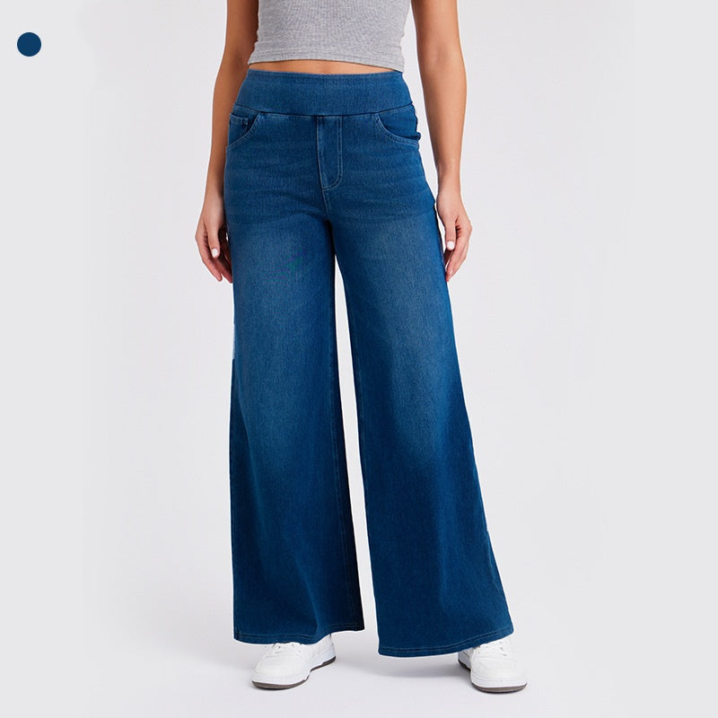High-Waisted Stretch Pull-On Wide Leg Jeans | Ultra Comfort Soft Denim Pants